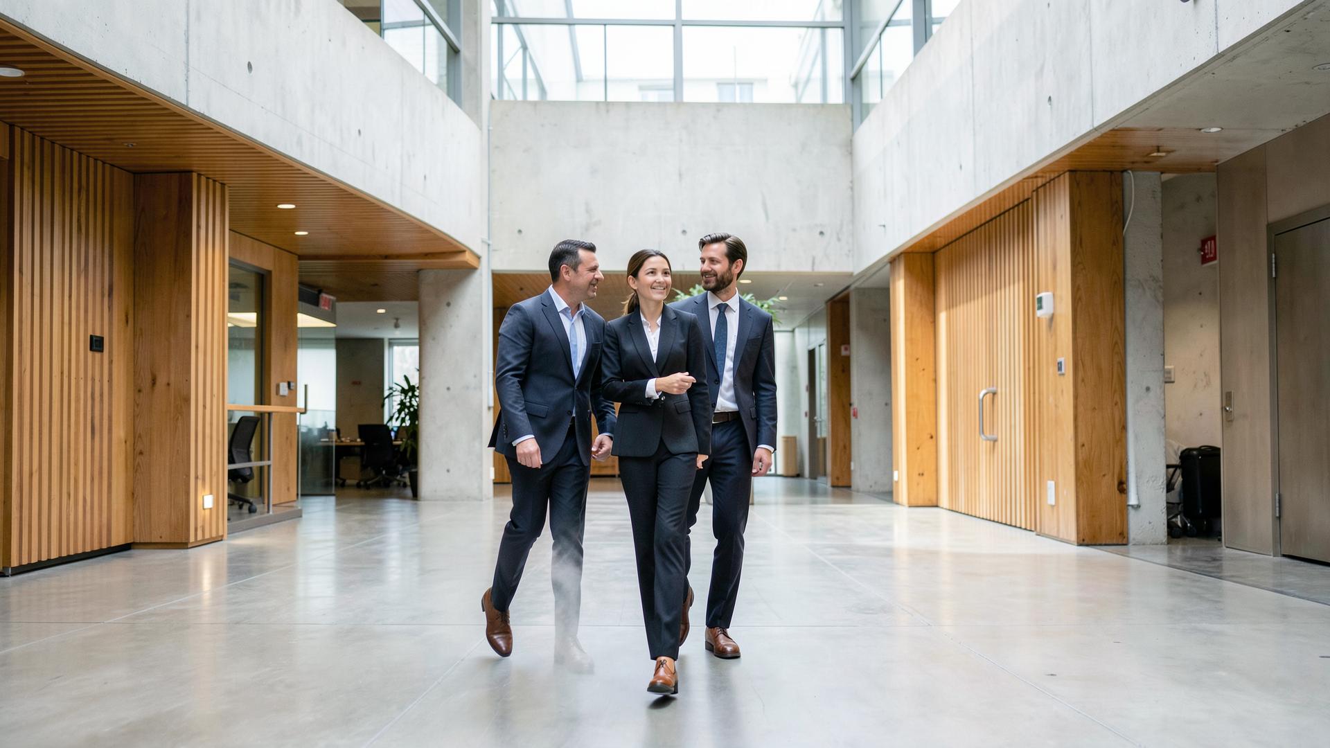 Professionals in conversation in a daylit stone atrium.