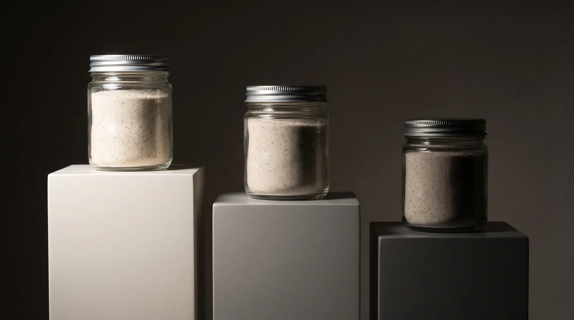 Three identical glass jars of the same pale mineral sand on three plain plinths of different heights, one brightly lit, one in half-light, one shadowed.