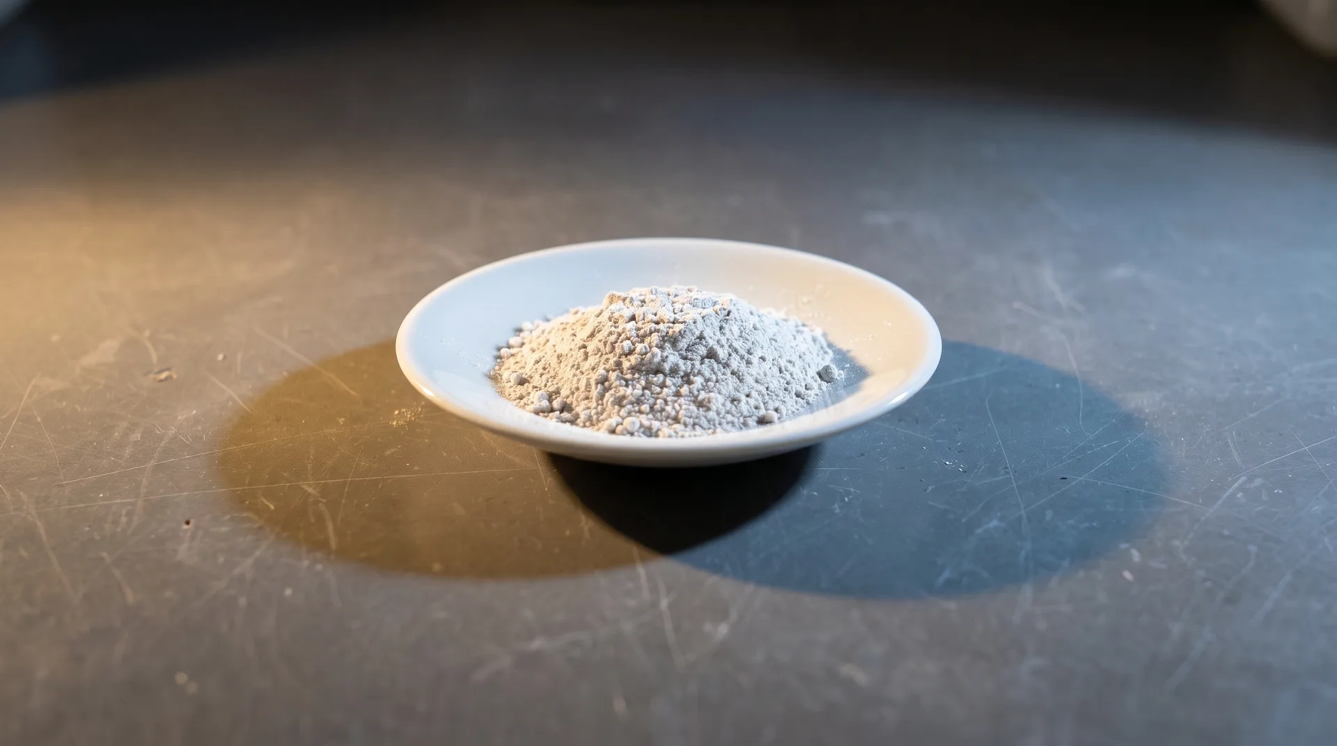 A single small porcelain dish of fine pale powder on a plain bench, lit from opposite sides so it casts one warm and one cool shadow.