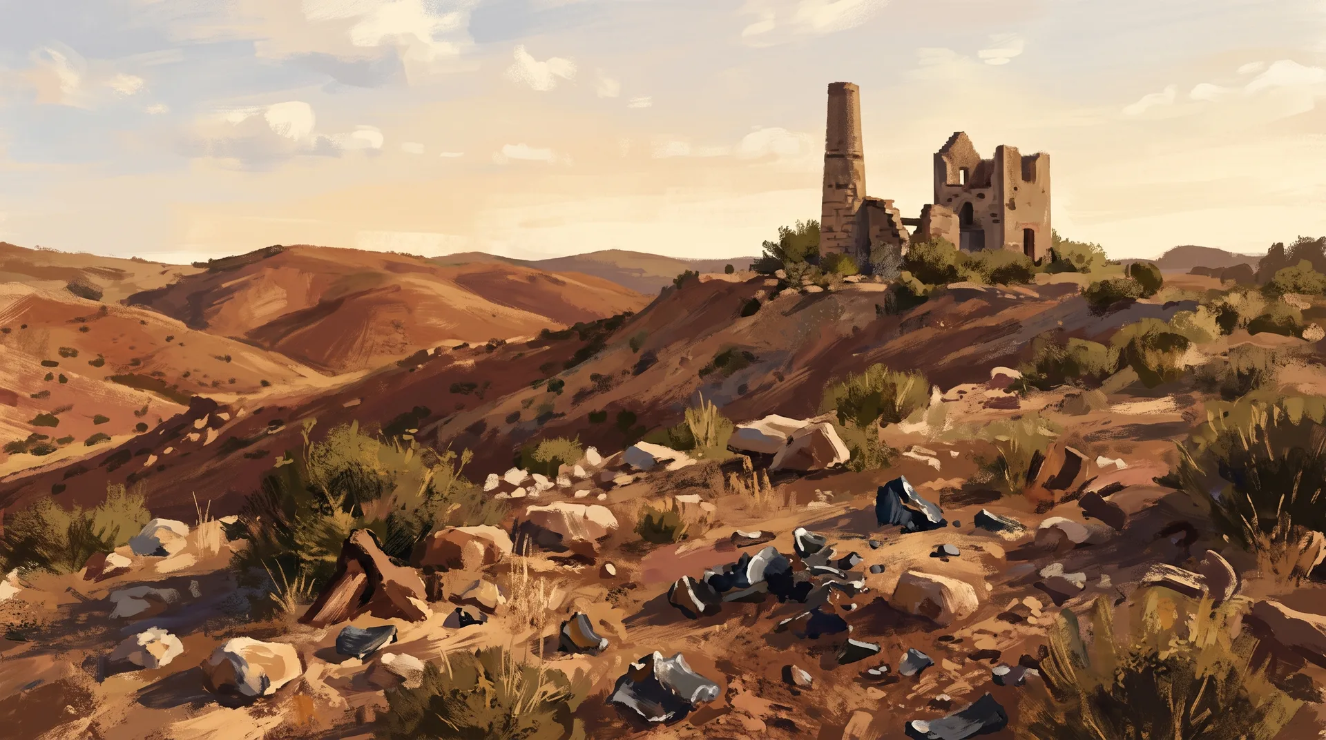 Dry rolling hills in late light, a ruined masonry engine house and chimney on a ridge, dark slag fragments among stones in front.
