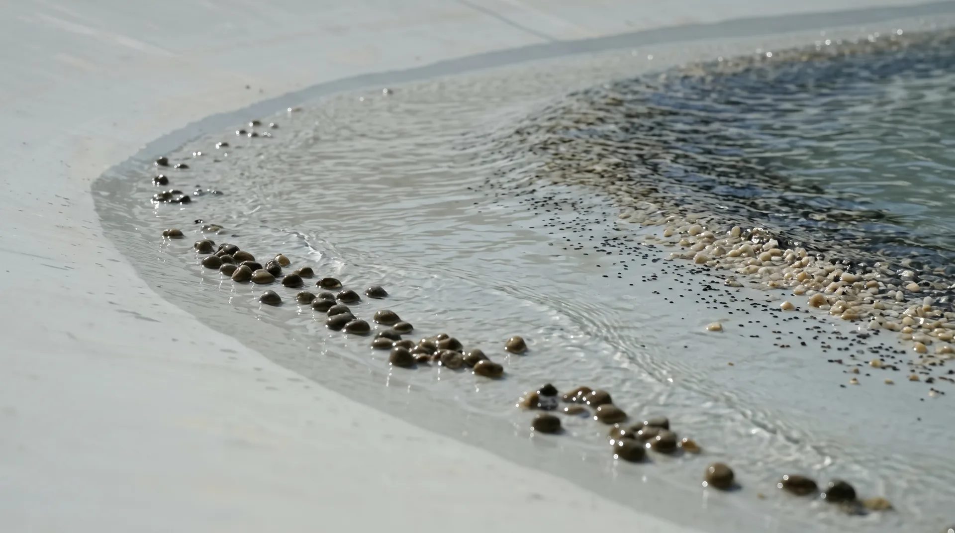 A thin sheet of water sliding over a smooth pale curved surface, dark grains rolling along its shallow edge, coarse pale and fine dark grains in deeper water.