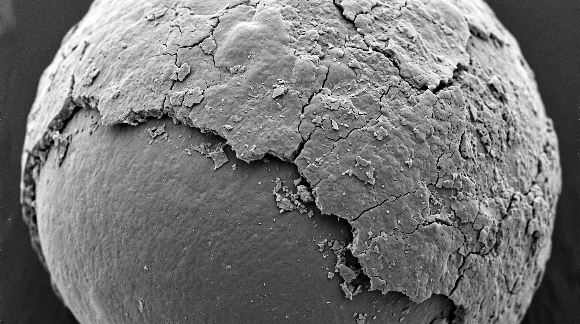 Black-and-white micrograph-style image of a single rounded grain in grey relief, a cracked crust clinging to part of its surface and flaking away at one edge.