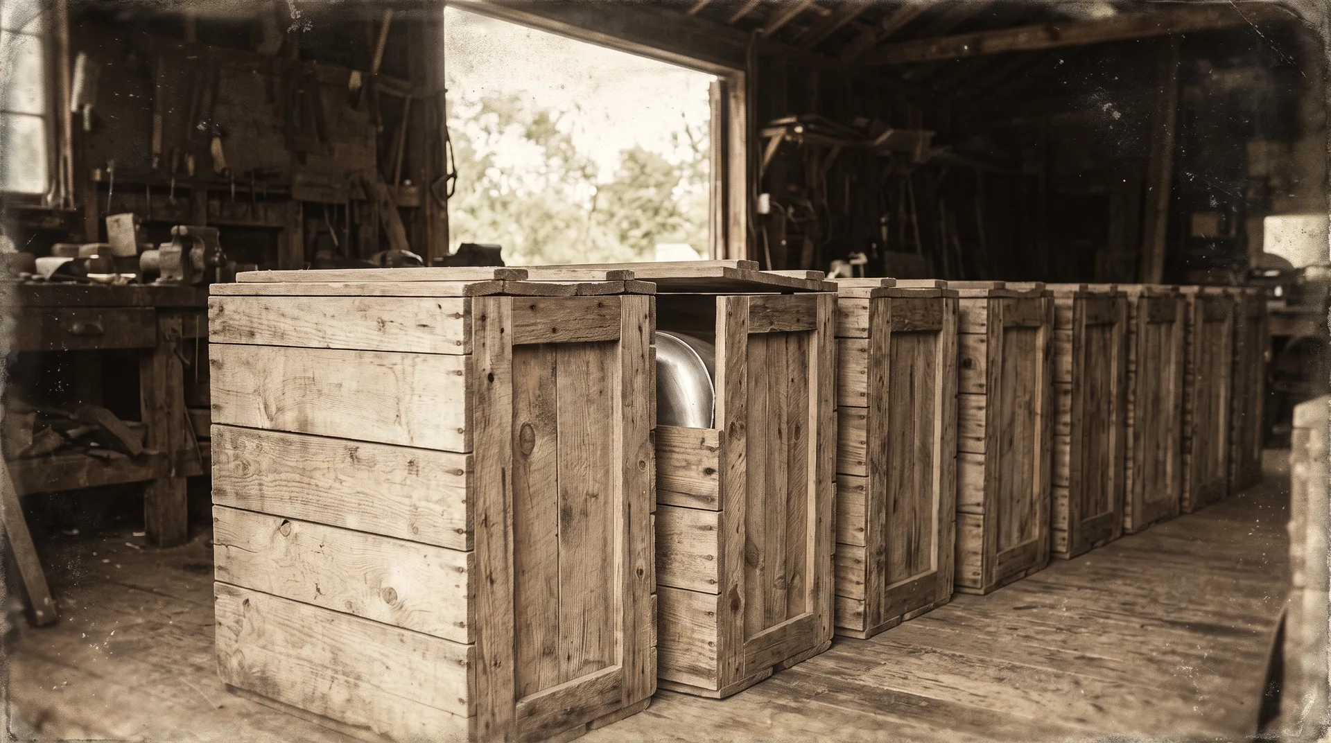 Sepia photograph of a row of identical plain wooden crates in a workshop doorway, running out of frame, one lid slightly open on curved bare metal.