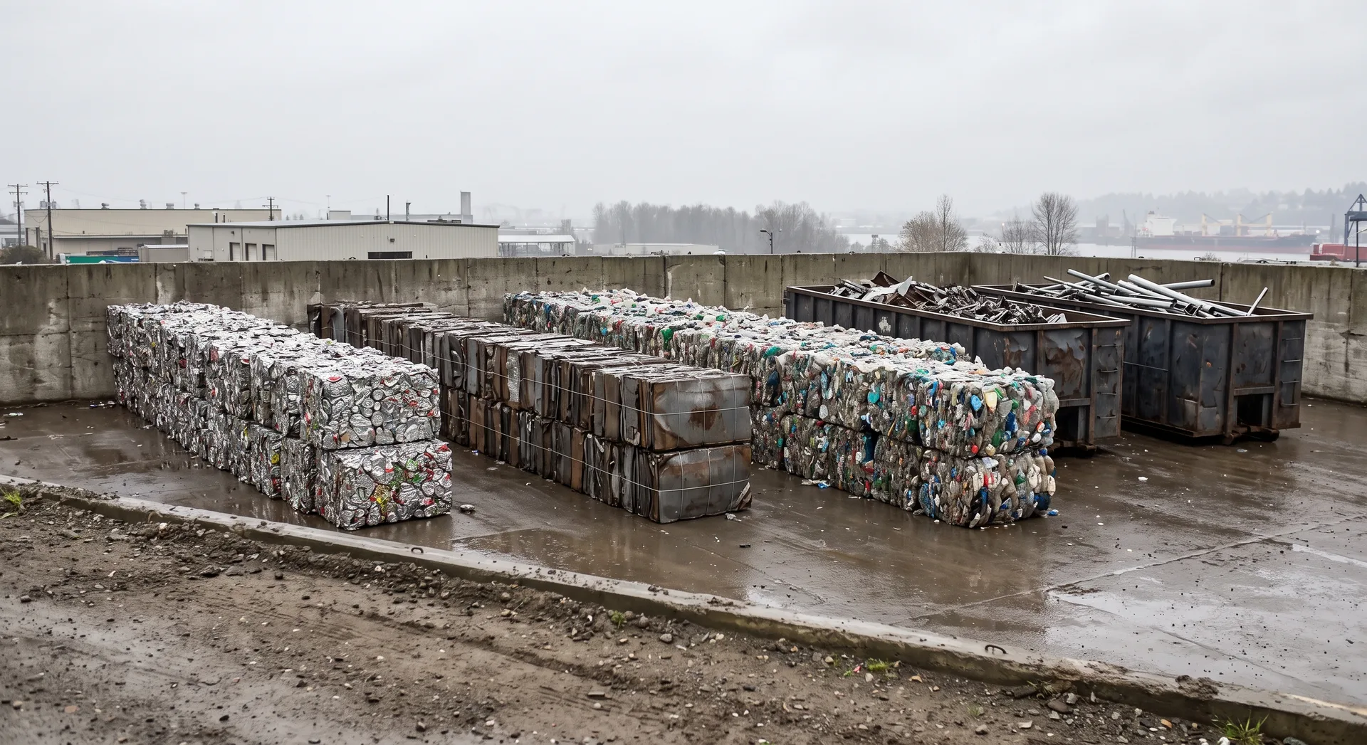 Rows of compressed bales stacked on a concrete apron, each run a different material and colour, with open skips of sorted metal beside them.